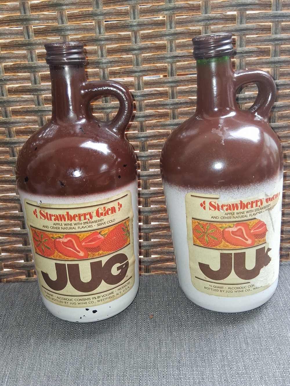 2 JUG Distillery Vintage Advertising  Glass  Handle Brown White with Caps